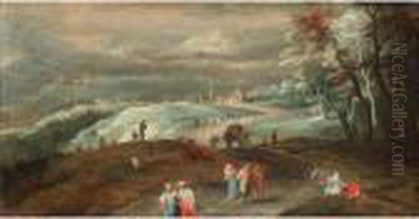 Mountainous Landscape With 
Figures And Wagoners On A Track And More Figures Dancing Beyond, A 
Village In The Distance Oil Painting by Jan Brueghel the Younger