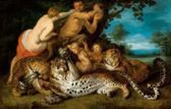 Leopards Playing With Nymphs And Satyr. Circa 1626. Oil Painting by Jan Brueghel the Younger