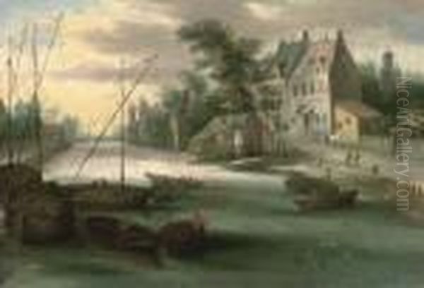 A Riverside Town With Boats In The Foreground Oil Painting by Jan Brueghel the Younger