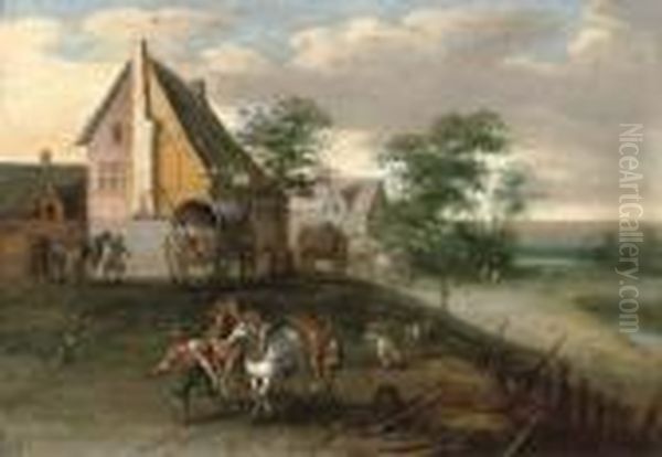 A Landscape With Farm Labourers, Their Horses And Wagons, Buildingsbeyond Oil Painting by Jan Brueghel the Younger