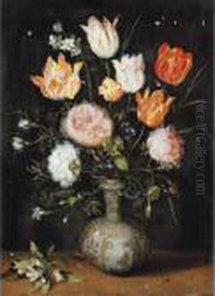 A Still Life Of Flowers 
Including Roses, Tulips, Forget-me-nots And Marigolds In A 
Blue-and-white Delft Porcelain Vase, With A Sprig Of Orange Blossom Upon
 A Ledge Oil Painting by Jan Brueghel the Younger