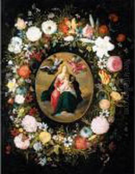 A Garland Of Flowers Surrounding The Coronation Of The Virgin Oil Painting by Jan Brueghel the Younger