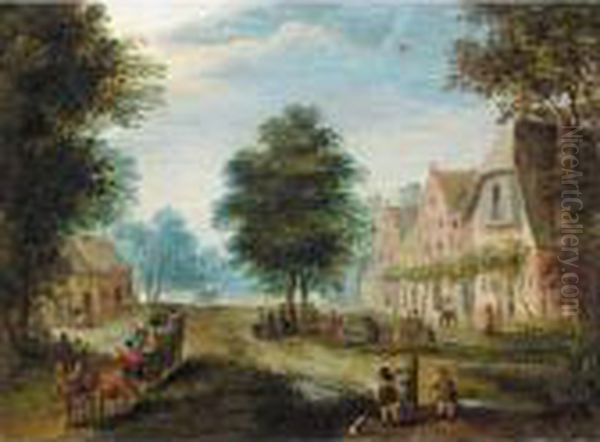 Village Scene With Figures Conversing In The Foreground, And Figures Dancing Beyond Oil Painting by Jan Brueghel the Younger