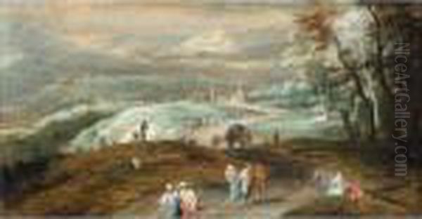 Mountainous Landscape With 
Figures And Wagoners On A Track And More Figures Dancing Beyond, A 
Village In The Distance Oil Painting by Jan Brueghel the Younger