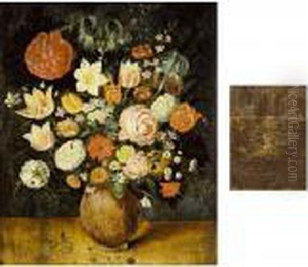 A Still Life With Roses, Tulips,
 Irises, A Daffodil, A Poppy Anemone, Marigolds, Red Turban Cup Lilies, 
Borage, Violets, Forget-me-nots And Other Flowers, All In A Stone Vase 
On A Wooden Ledge Oil Painting by Jan Brueghel the Younger