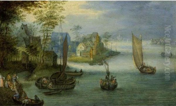 A River Landscape With Sailing 
Boats And Other Vessels, Figures Coming To Shore In The Left Foreground,
 A Village Beyond Oil Painting by Jan Brueghel the Younger