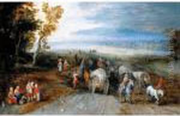 An Extensive Wooded Landscape With Wagons, Carts, Horsemen And Travellers On A Path Oil Painting by Jan Brueghel the Younger