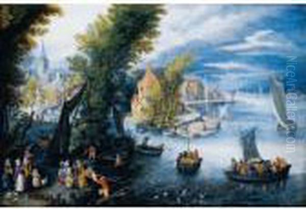 A Village By A River With Peasants Disembarking A Rowing Boat In The Foreground Oil Painting by Jan Brueghel the Younger