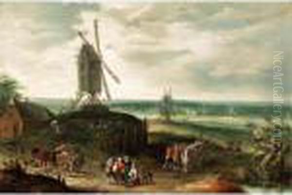 A Landscape With Windmills And Figures On A Path Oil Painting by Jan Brueghel the Younger