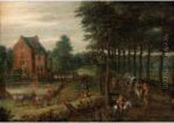 A Landscape With A Horse-drawn 
Wagon, Figures On Horse-back And Others Walking On A Path By A Small 
Manor Oil Painting by Jan Brueghel the Younger