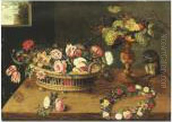 Corbeille Et Couronne De Fleurs Sur Un Entablement Oil Painting by Jan Brueghel the Younger