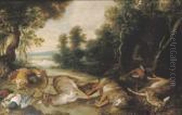 A Wooded River Landscape With A Stag, A Wolf, A Fawn, A Pheasantand Other Dead Game Oil Painting by Jan Brueghel the Younger