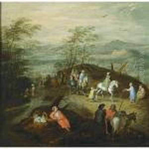 An Extensive Hilly Wooded 
Landscape With Horsemen And Gypsies, And Travellers, Horsemen And 
Figures In A Horse-drawn Wagon All On Path In The Background Oil Painting by Jan Brueghel the Younger