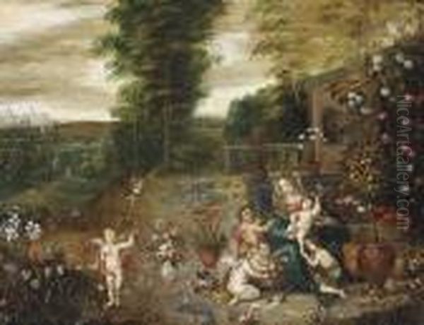 The Madonna And Child Seated In A Garden With The Infant Saint Johnthe Baptist And Putti Oil Painting by Jan Brueghel the Younger