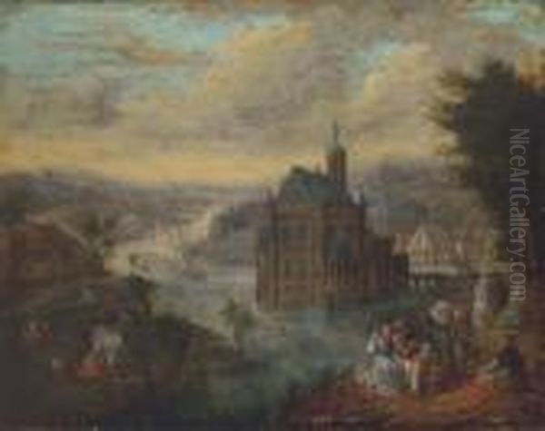 A River Landscape With A Town 
And Elegant Company In Theforeground; A Landscape Painted On The Reverse Oil Painting by Jan Brueghel the Younger