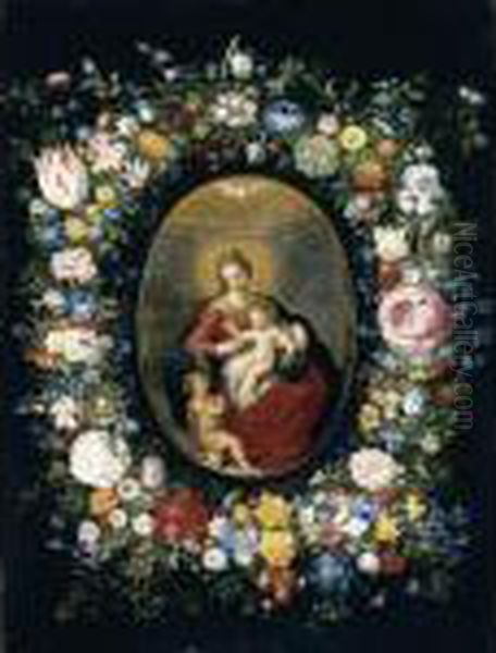 The Virgin And Child With The 
Infant Saint John The Baptist, Encircled By A Garland Of Flowers Oil Painting by Jan Brueghel the Younger