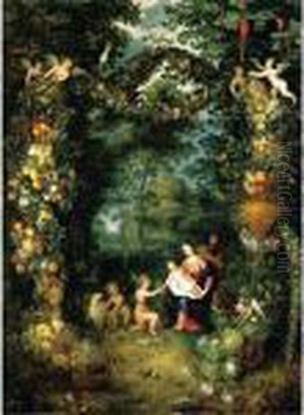 The Holy Family With Saint John,
 In A Landscape Setting, Encircled With A Garland Of Fruit And Flowers Oil Painting by Jan Brueghel the Younger