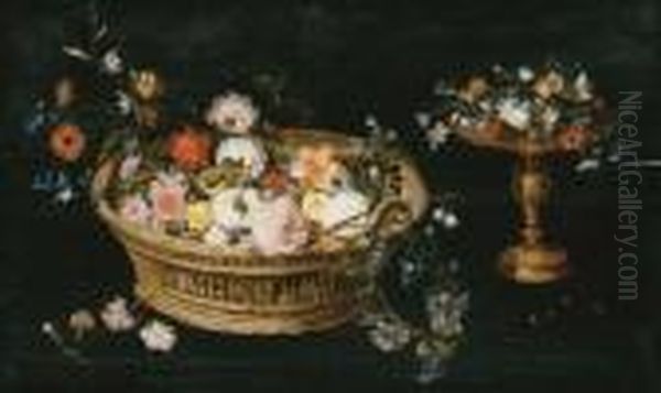 Roses, Peonies, Tulips, 
Narcissi, Carnations, Poppies And Other Flowers In A Basket And A Gilt 
Tazza, On A Table Oil Painting by Jan Brueghel the Younger