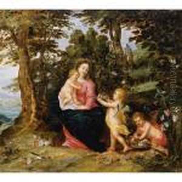 Virgin And Child With Two Angels In A Landscape Oil Painting by Jan Brueghel the Younger