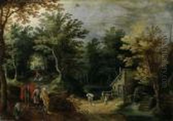 Bewaldete Landschaft Mit Wassermuhle Und Wanderern Oil Painting by Jan Brueghel the Younger