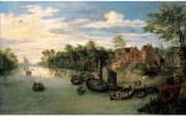 A River Landscape With A Ferry And Small Sailing Vessels Moored Before A Village Oil Painting by Jan Brueghel the Younger