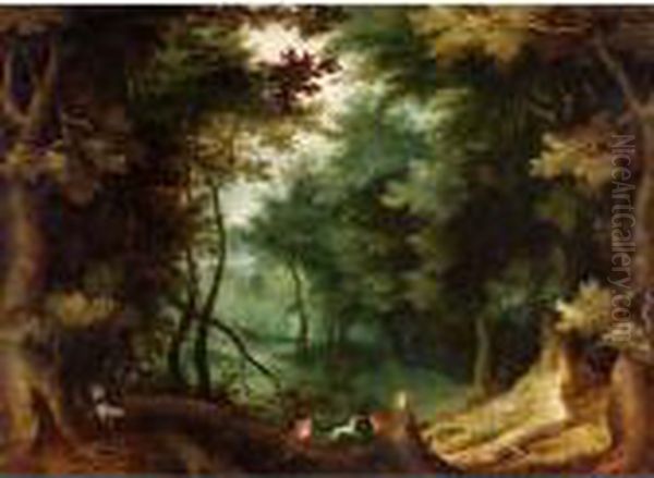 A Wooded Landscape With Hunters And Their Dogs. Oil Painting by Jan Brueghel the Younger