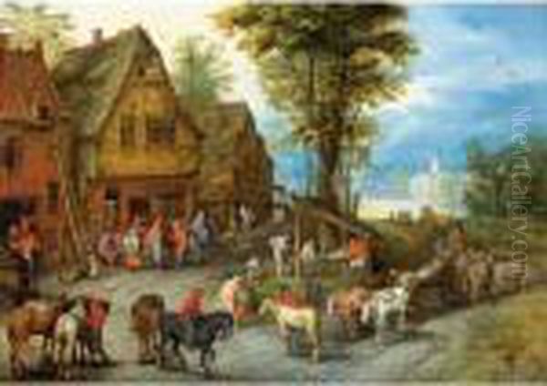 A Village Street With The Holy Family Arriving At An Inn Oil Painting by Jan Brueghel the Younger