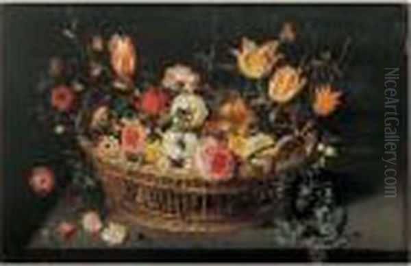 Nature Morte Au Panier De Fleurs Sur Un Entablement Oil Painting by Jan Brueghel the Younger