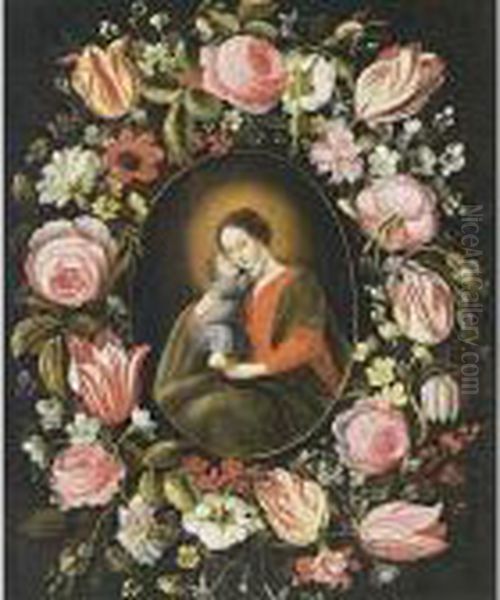 Madonna And Child In A Flower Garland With Tulips And Other Flowers Oil Painting by Jan Brueghel the Younger