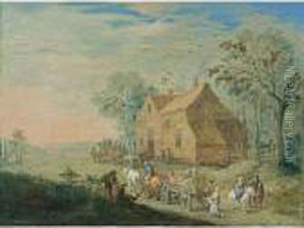 A Landscape With Travellers In Carts Near An Inn Oil Painting by Jan Brueghel the Younger