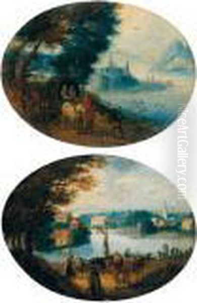 River Landscapes With Travellers, A View Of A Town Beyond Oil Painting by Jan Brueghel the Younger