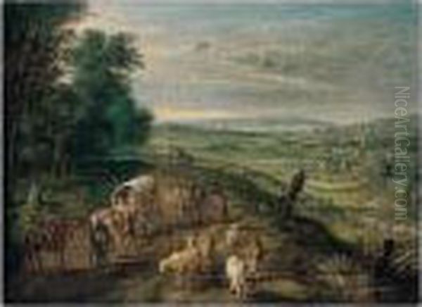 An Open Landscape With Waggoners And Drovers On A Track, A Town Beyond Oil Painting by Jan Brueghel the Younger