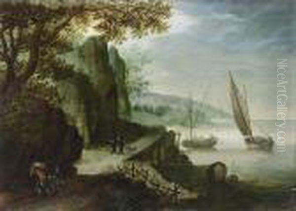 A River Landscape With 
Travellers On A Path And Two Monks With A Dog In The Background, Sailing
 Vessels Near The Coast Oil Painting by Jan Brueghel the Younger