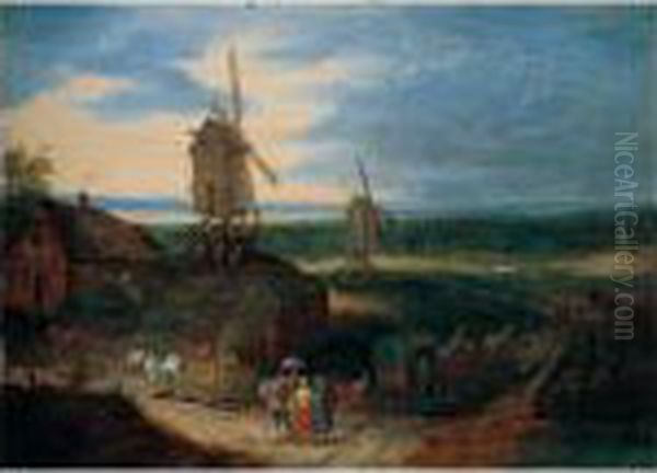 An Open Landscape With Travellers Conversing Before A Windmill Oil Painting by Jan Brueghel the Younger