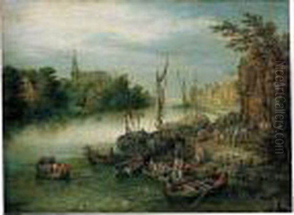 A View Of A River Quayside, A Church In The Distance Oil Painting by Jan Brueghel the Younger