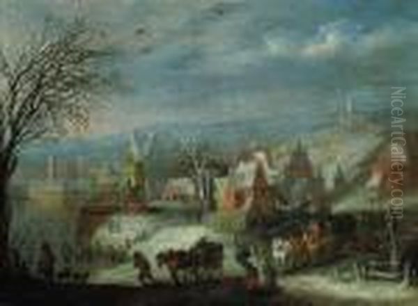 A Winter Landscape With Travellers By A Fortified Town Oil Painting by Jan Brueghel the Younger