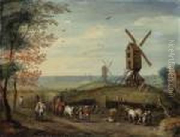 An Autumn Landscape With 
Windmills And Peasants Harvesting; And Awinter Landscape With Skaters On
 A Frozen River And Peasants On Apath By A Village Oil Painting by Jan Brueghel the Younger