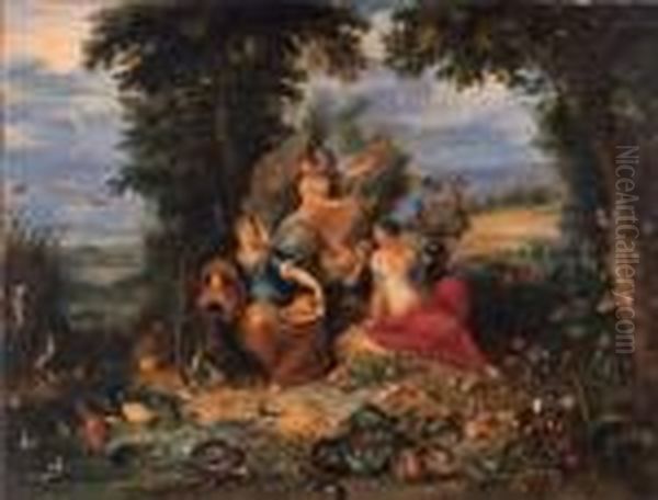 The Four Elements In A Wooded 
Coastal Landscape With Fish, Animals,birds, Fruit, Flowers And 
Vegetables, Peasants Harvesting Beyond,the Triumph Of Galatea Beyond Oil Painting by Jan Brueghel the Younger