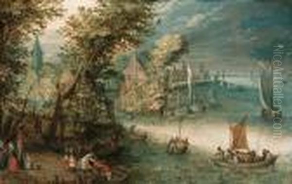 A Wooded River Landscape With 
Travellers At A Landing Stage Near Atown, Kaags, Rowing Boats And A 
Ferry On The River Oil Painting by Jan Brueghel the Younger