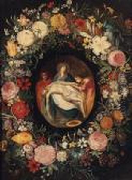 The Lamentation In A Medallion Surrounded By A Garland Offlowers Oil Painting by Jan Brueghel the Younger