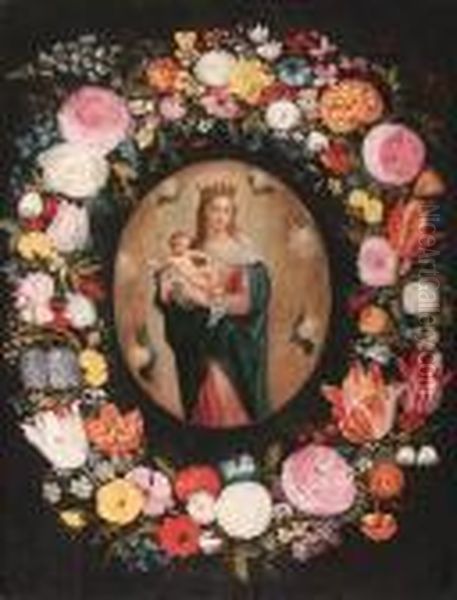 A Garland Of Flowers Surrounding A Medallion Of The Virgin Andchild Oil Painting by Jan Brueghel the Younger