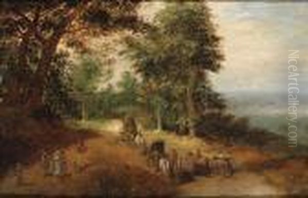 An Extensive Wooded Landscape With Travellers On A Track Oil Painting by Jan Brueghel the Younger