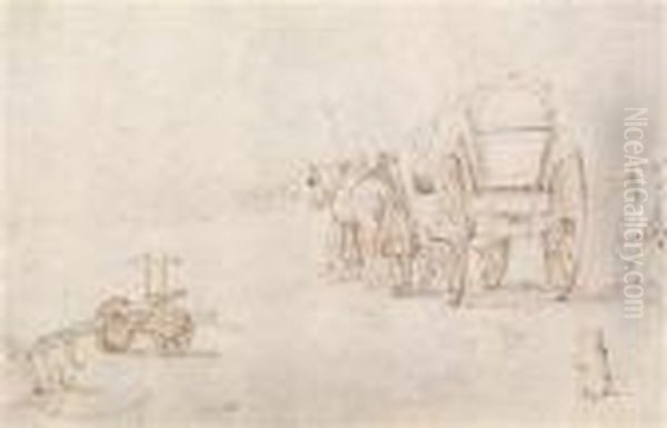 Studienblatt Mitpferdewagen Und Pflug Oil Painting by Pieter The Elder Brueghel