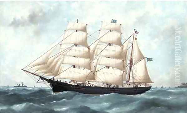 The Swedish barque Wakefield running out of Le Havre Oil Painting by Marie-Edouard Adam Of Le Havre