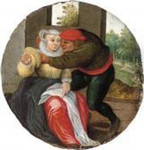 Qui S'y Frotte S'y Pique: Un Couple D'amoureux Dans Un Interieur Oil Painting by Pieter The Elder Brueghel