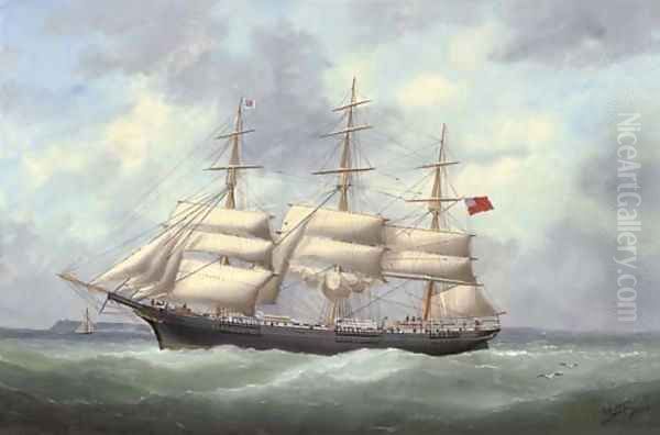 The full-rigger Austriana reducing sail and calling for a pilot Oil Painting by Marie-Edouard Adam Of Le Havre