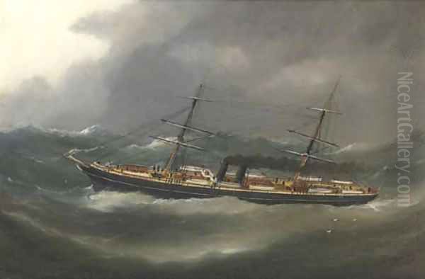 A P. & O. steamer reefed down in heavy seas by Marie-Edouard Adam Of Le Havre