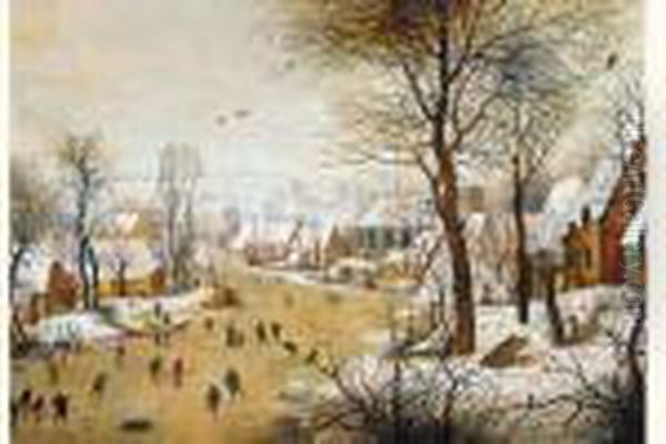 Winterlandschap Met Schaatsers En Vogelknip Oil Painting by Pieter The Elder Brueghel