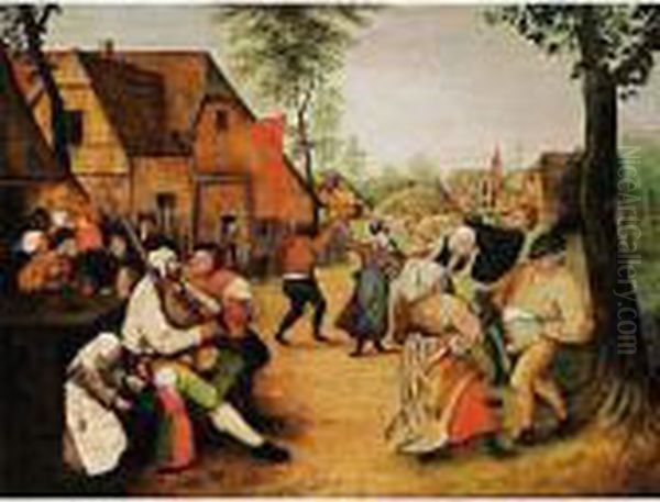 A Village Scene With Peasants Dancing Outside An Inn Oil Painting by Pieter The Elder Brueghel