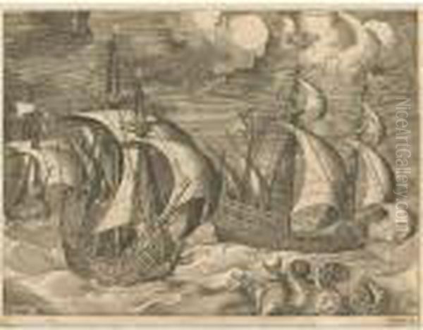 Three Caravels In A Rising 
Squall, With Arion On A Dolphin; Two Galleys Sailing Behind An Armed 
Three-master With Phaeton And Jupiter In The Sky; And A Fleet Of Galleys
 Escorted By A Caravel, By Frans Huys&nbsp;(bastelaer 105-7) Oil Painting by Pieter The Elder Brueghel